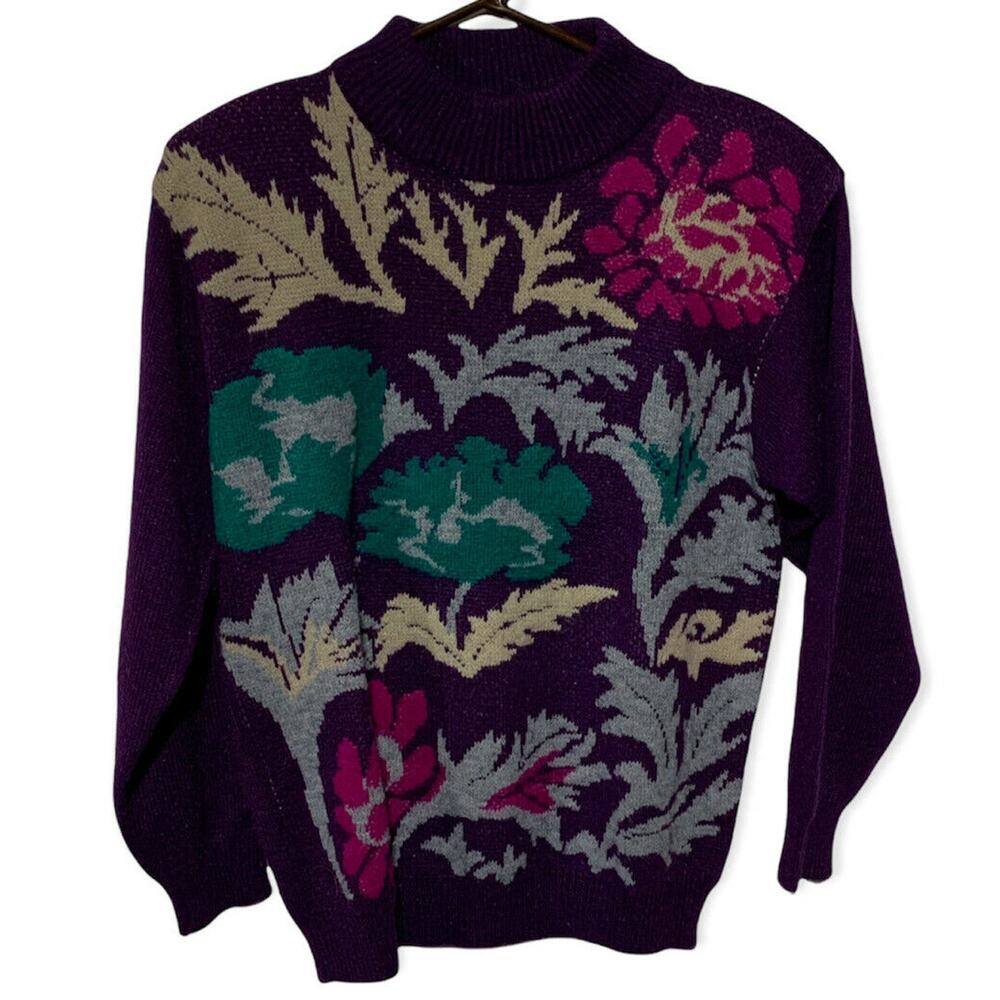 Alfred Dunner Vintage Cottage Core Granny Floral Bright Purple Pullover Sweater